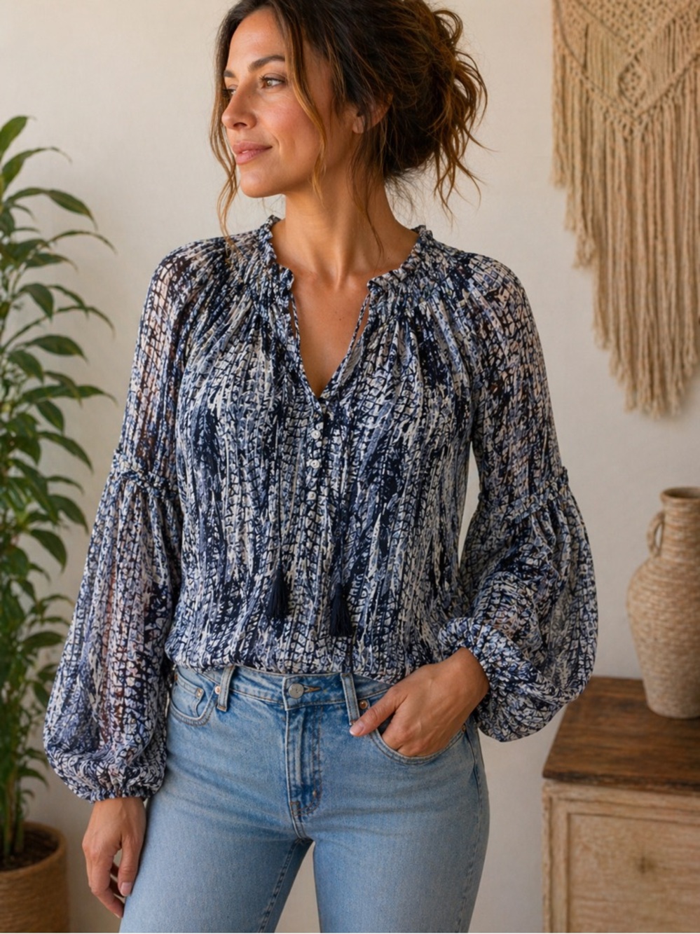 Boho Balloon Sleeved Semi-Sheer Blouse